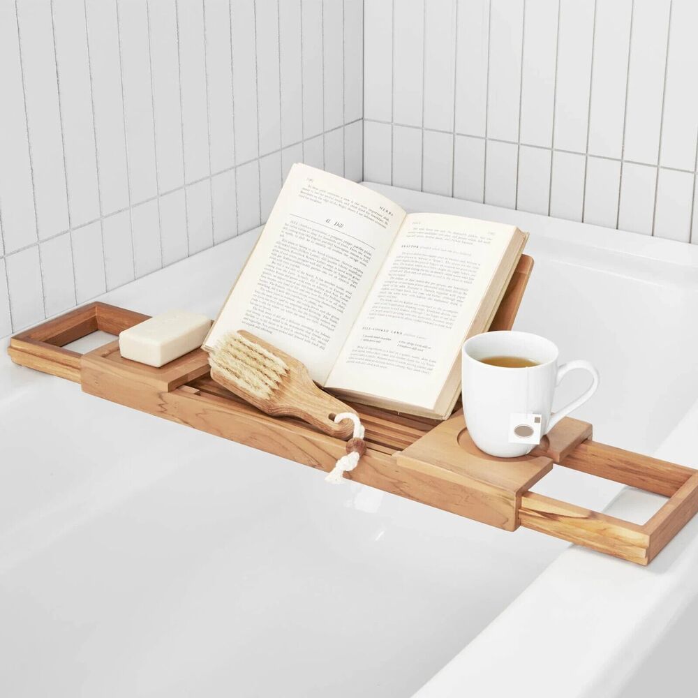 Bathtub Caddy Bamboo Bath Tub Rack Tray & Bath Pillow Cloth/Book/Tablet Holder